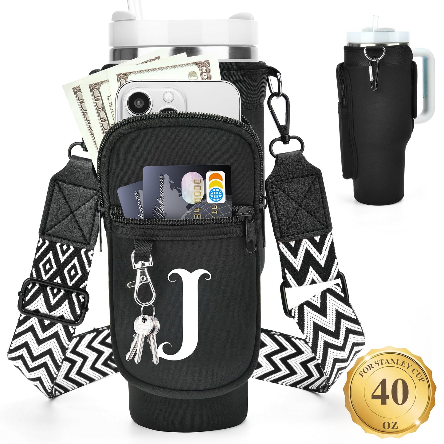 Water Bottle Holder with Strap for Stanley 40 oz Tumbler, for Simple Modern 40 oz Tumbler, Graduation Gift with Phone Pocket, Carabiner, Personalized Gift Initials for Stanley Cup Accessories