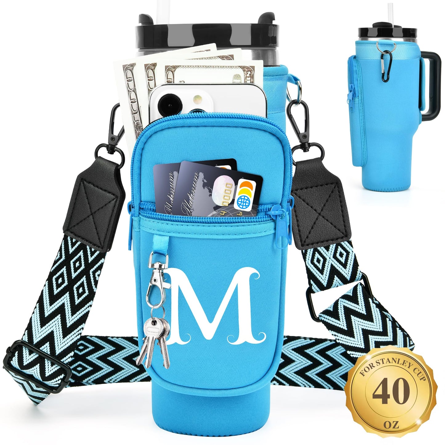 Water Bottle Holder with Strap for Stanley 40 oz Tumbler, for Simple Modern 40 oz Tumbler, Graduation Gift with Phone Pocket, Carabiner, Personalized Gift Initials for Stanley Cup Accessories