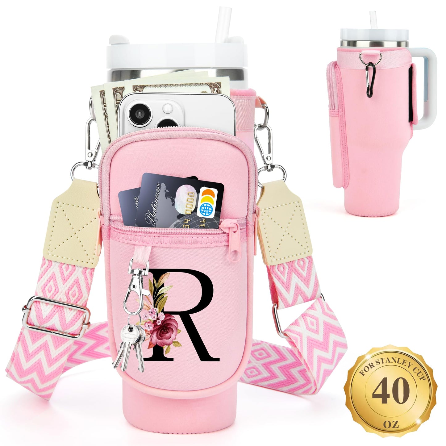 Water Bottle Holder with Strap for Stanley 40 oz Tumbler, for Simple Modern 40 oz Tumbler, Graduation Gift with Phone Pocket, Carabiner, Personalized Gift Initials for Stanley Cup Accessories