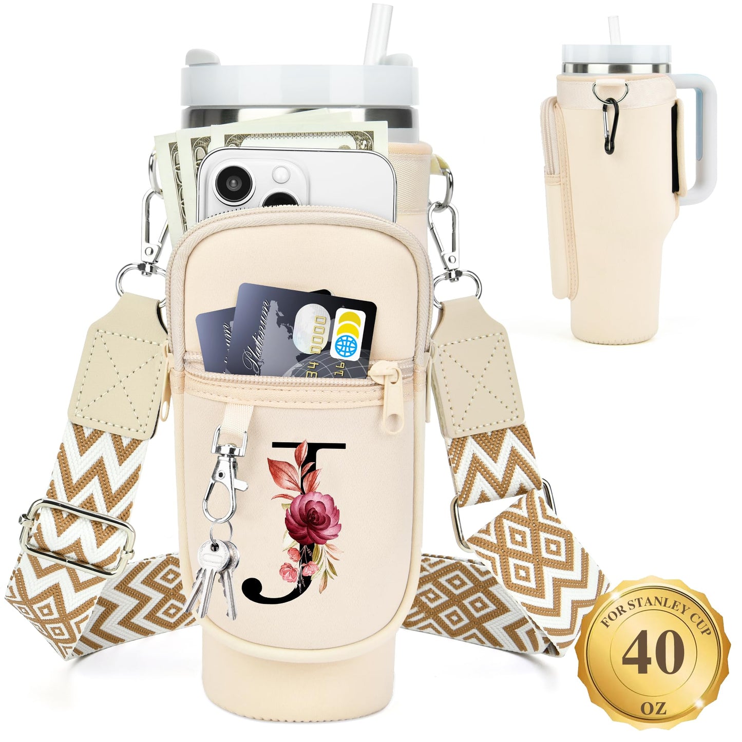 Water Bottle Holder with Strap for Stanley 40 oz Tumbler, for Simple Modern 40 oz Tumbler, Graduation Gift with Phone Pocket, Carabiner, Personalized Gift Initials for Stanley Cup Accessories