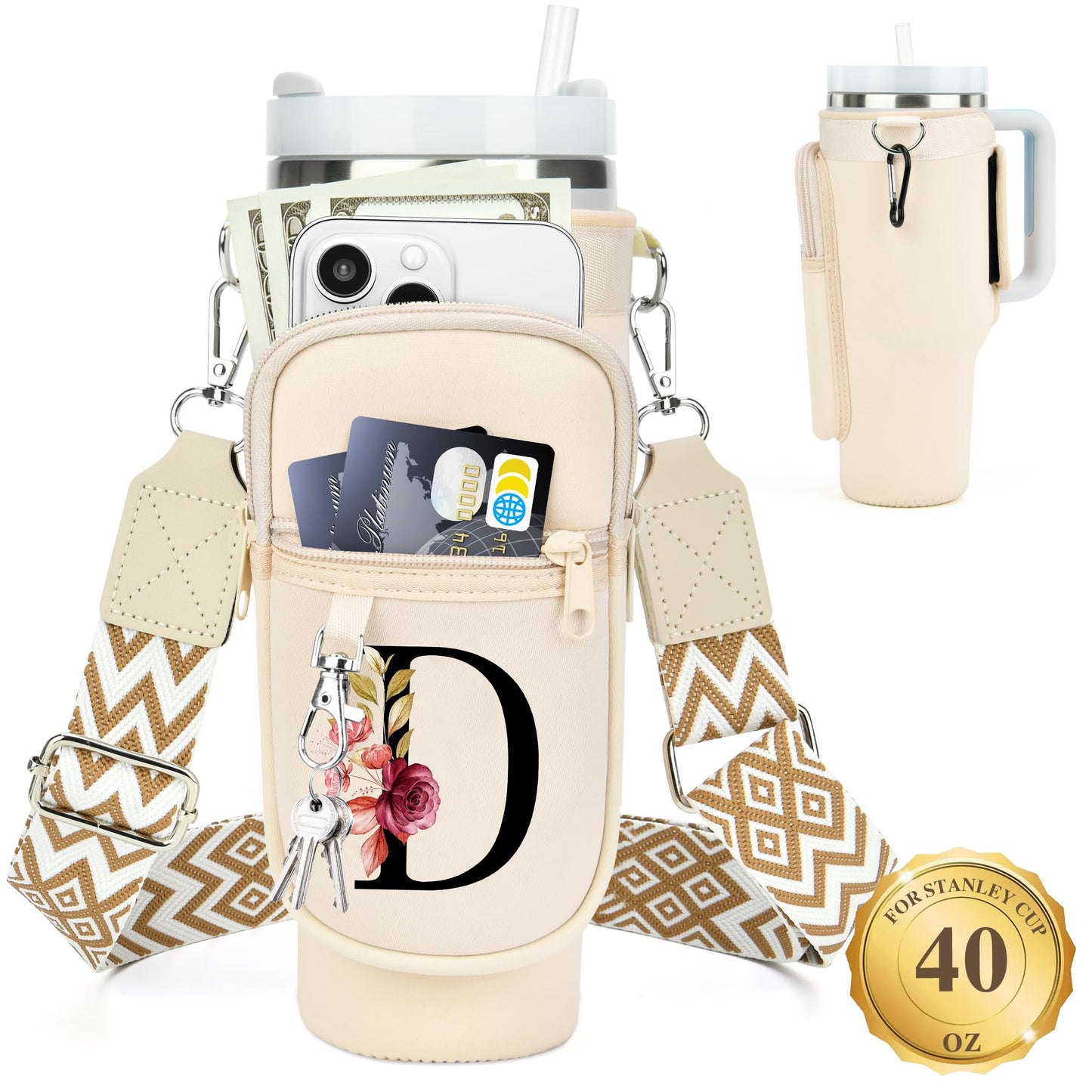 Water Bottle Holder with Strap for Stanley 40 oz Tumbler, for Simple Modern 40 oz Tumbler, Graduation Gift with Phone Pocket, Carabiner, Personalized Gift Initials for Stanley Cup Accessories