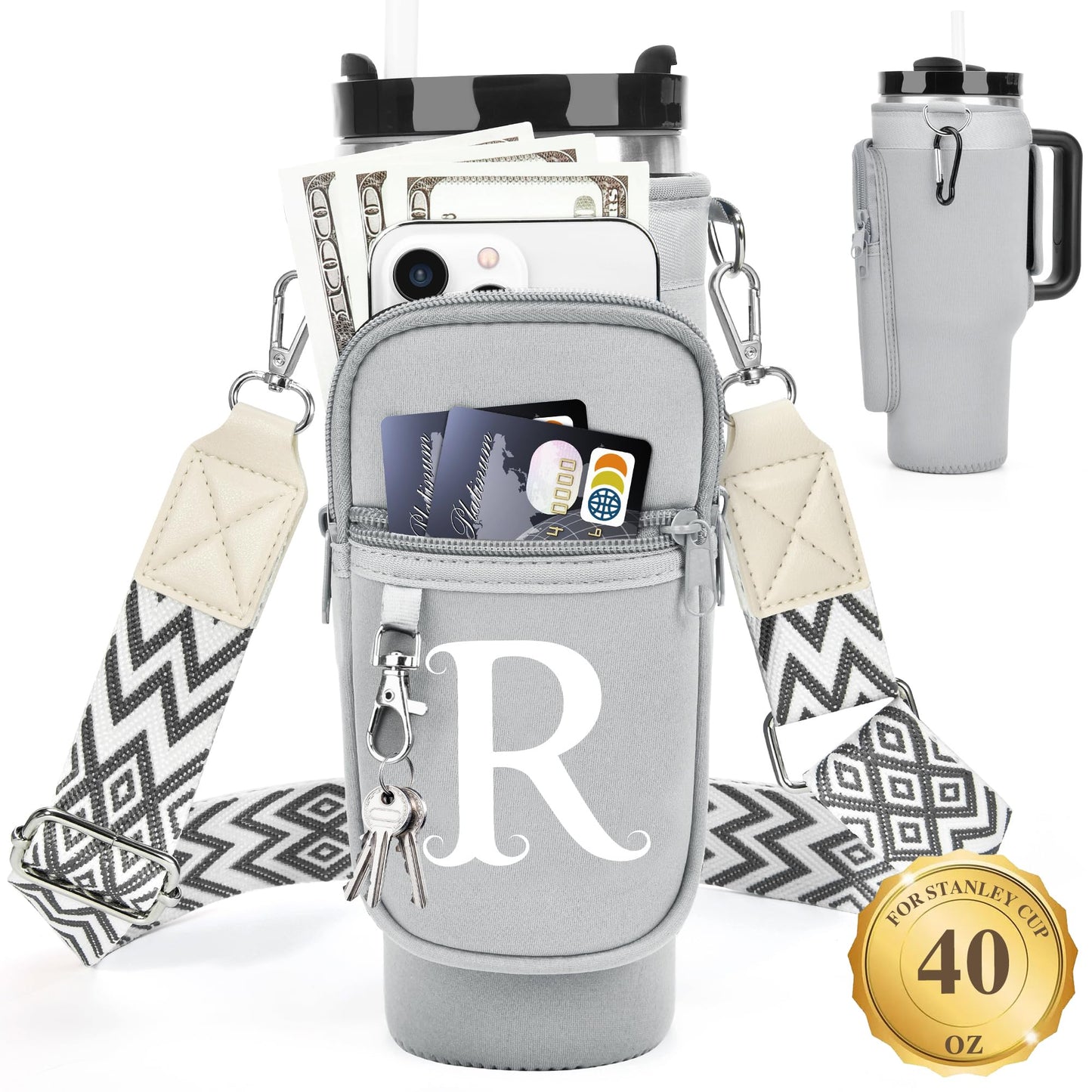 Water Bottle Holder with Strap for Stanley 40 oz Tumbler, for Simple Modern 40 oz Tumbler, Graduation Gift with Phone Pocket, Carabiner, Personalized Gift Initials for Stanley Cup Accessories