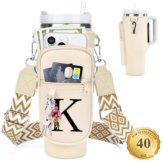 Water Bottle Holder with Strap for Stanley 40 oz Tumbler, for Simple Modern 40 oz Tumbler, Graduation Gift with Phone Pocket, Carabiner, Personalized Gift Initials for Stanley Cup Accessories