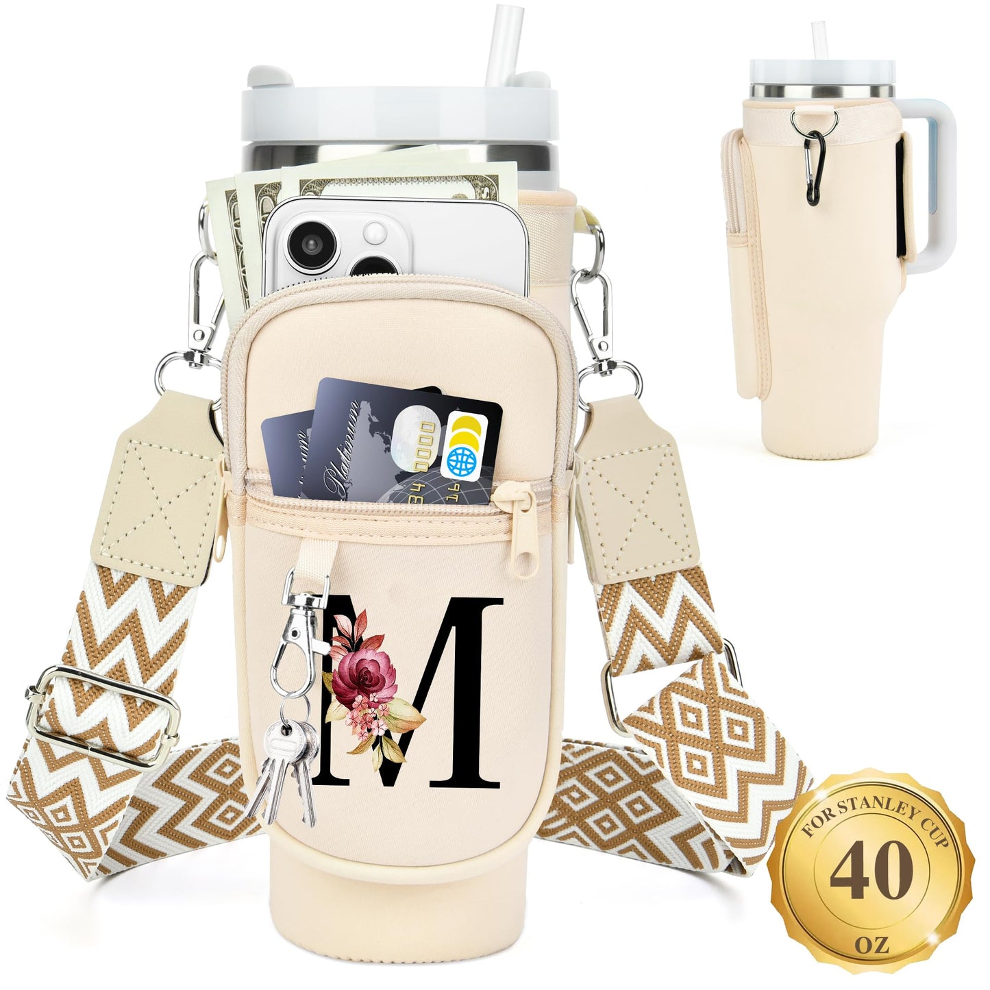 Water Bottle Holder with Strap for Stanley 40 oz Tumbler, for Simple Modern 40 oz Tumbler, Graduation Gift with Phone Pocket, Carabiner, Personalized Gift Initials for Stanley Cup Accessories