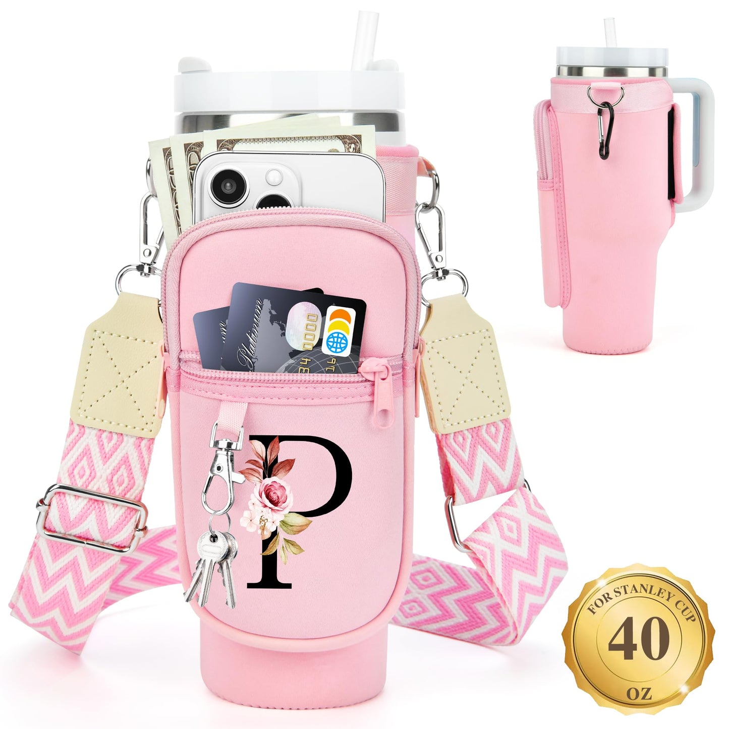 Water Bottle Holder with Strap for Stanley 40 oz Tumbler, for Simple Modern 40 oz Tumbler, Graduation Gift with Phone Pocket, Carabiner, Personalized Gift Initials for Stanley Cup Accessories