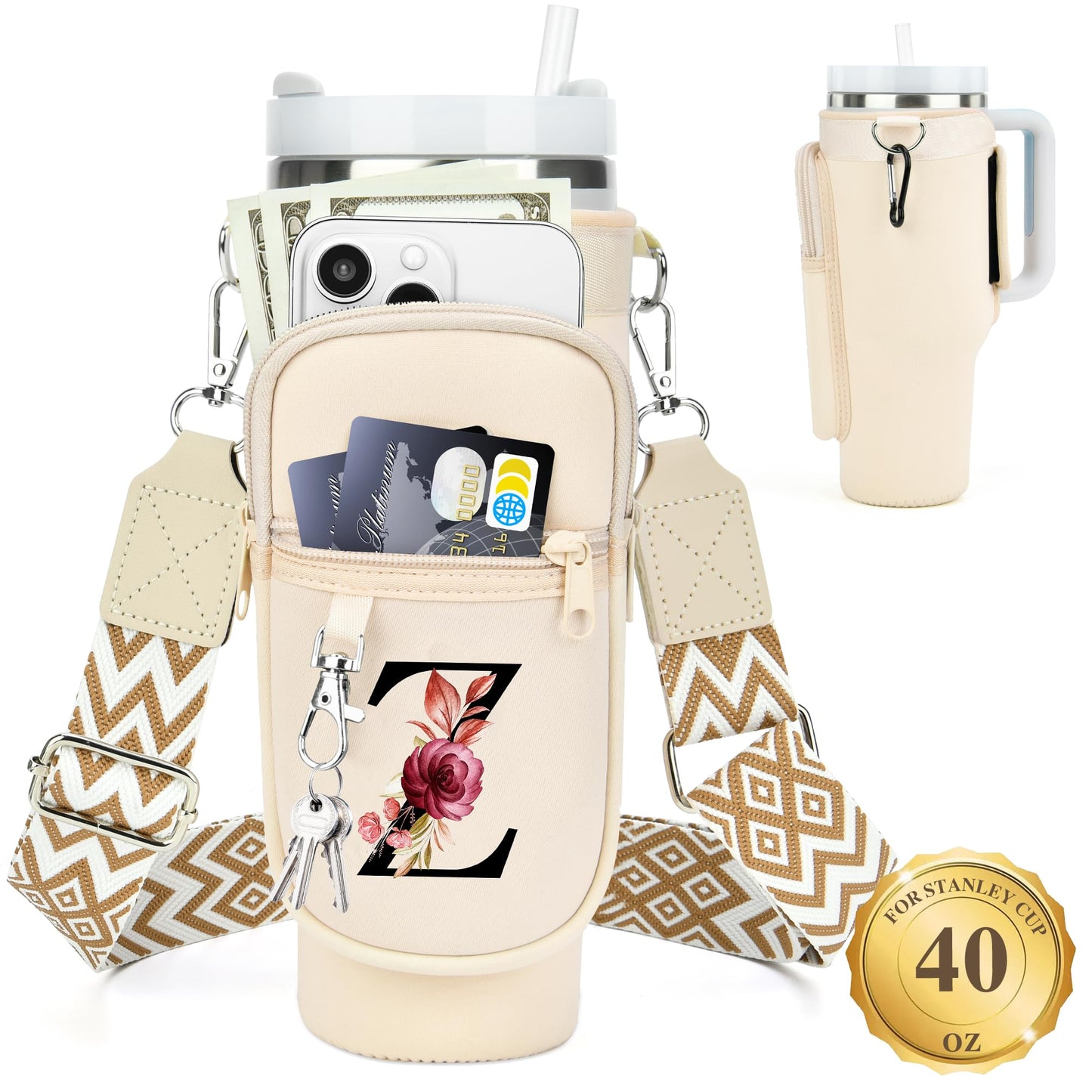 Water Bottle Holder with Strap for Stanley 40 oz Tumbler, for Simple Modern 40 oz Tumbler, Graduation Gift with Phone Pocket, Carabiner, Personalized Gift Initials for Stanley Cup Accessories