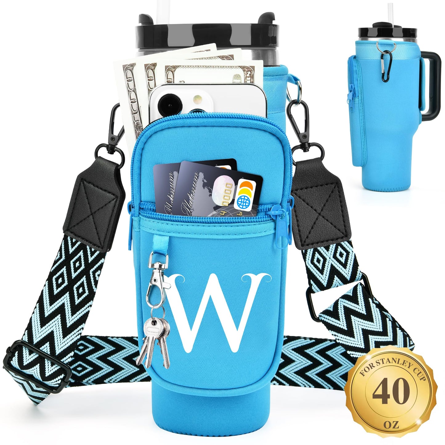 Water Bottle Holder with Strap for Stanley 40 oz Tumbler, for Simple Modern 40 oz Tumbler, Graduation Gift with Phone Pocket, Carabiner, Personalized Gift Initials for Stanley Cup Accessories