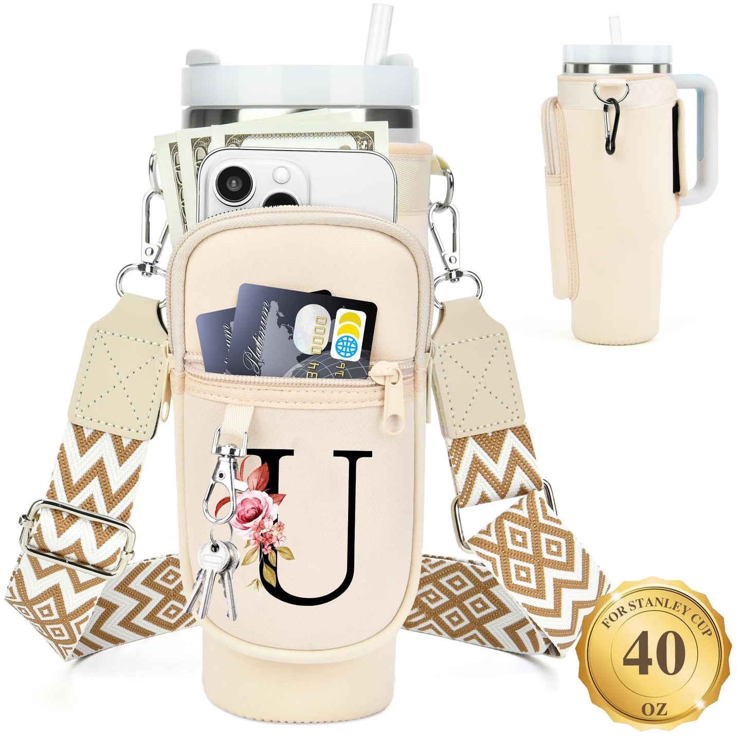 Water Bottle Holder with Strap for Stanley 40 oz Tumbler, for Simple Modern 40 oz Tumbler, Graduation Gift with Phone Pocket, Carabiner, Personalized Gift Initials for Stanley Cup Accessories