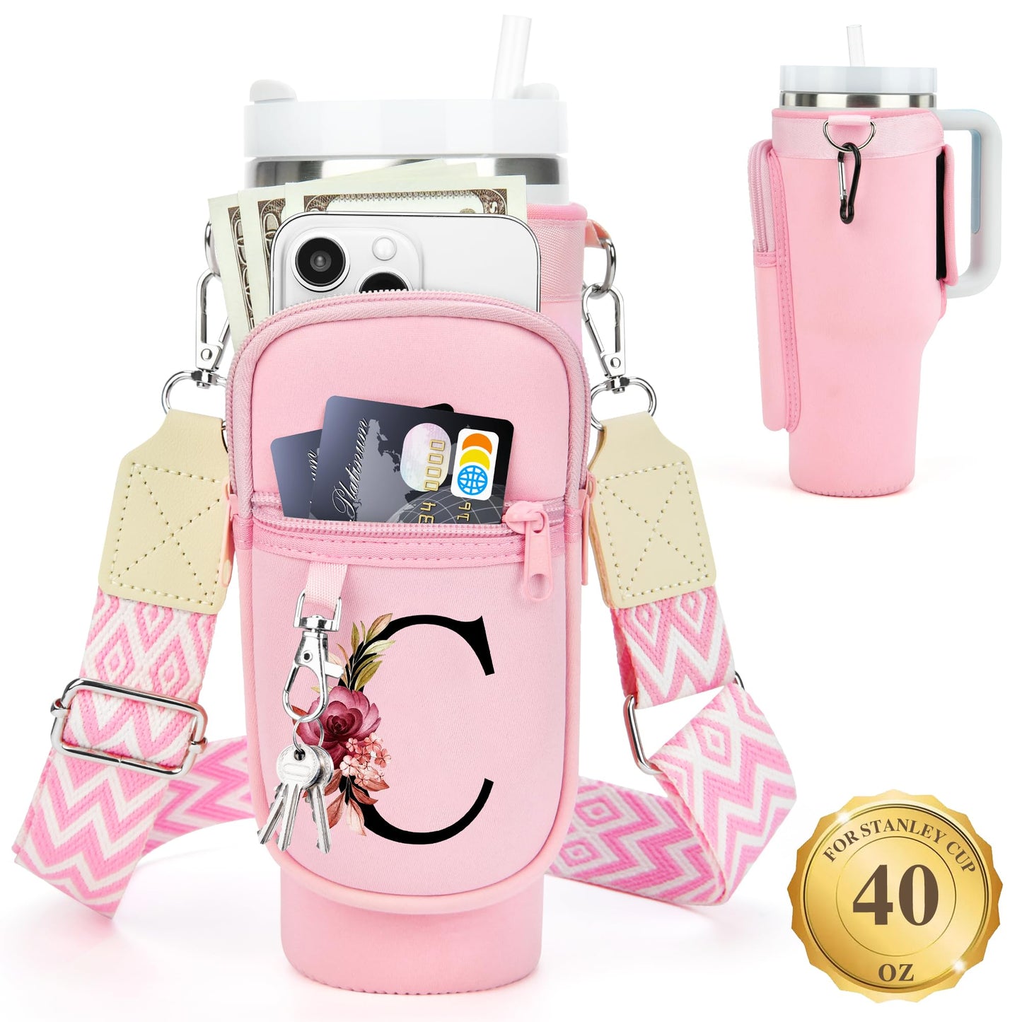 Water Bottle Holder with Strap for Stanley 40 oz Tumbler, for Simple Modern 40 oz Tumbler, Graduation Gift with Phone Pocket, Carabiner, Personalized Gift Initials for Stanley Cup Accessories