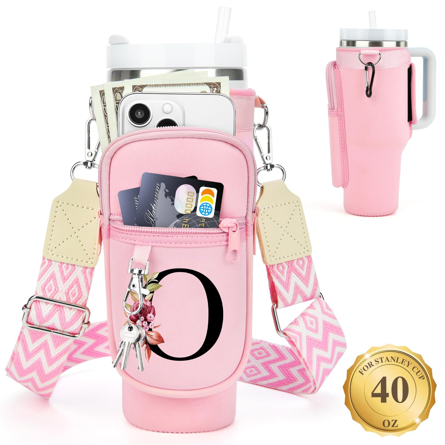 Water Bottle Holder with Strap for Stanley 40 oz Tumbler, for Simple Modern 40 oz Tumbler, Graduation Gift with Phone Pocket, Carabiner, Personalized Gift Initials for Stanley Cup Accessories