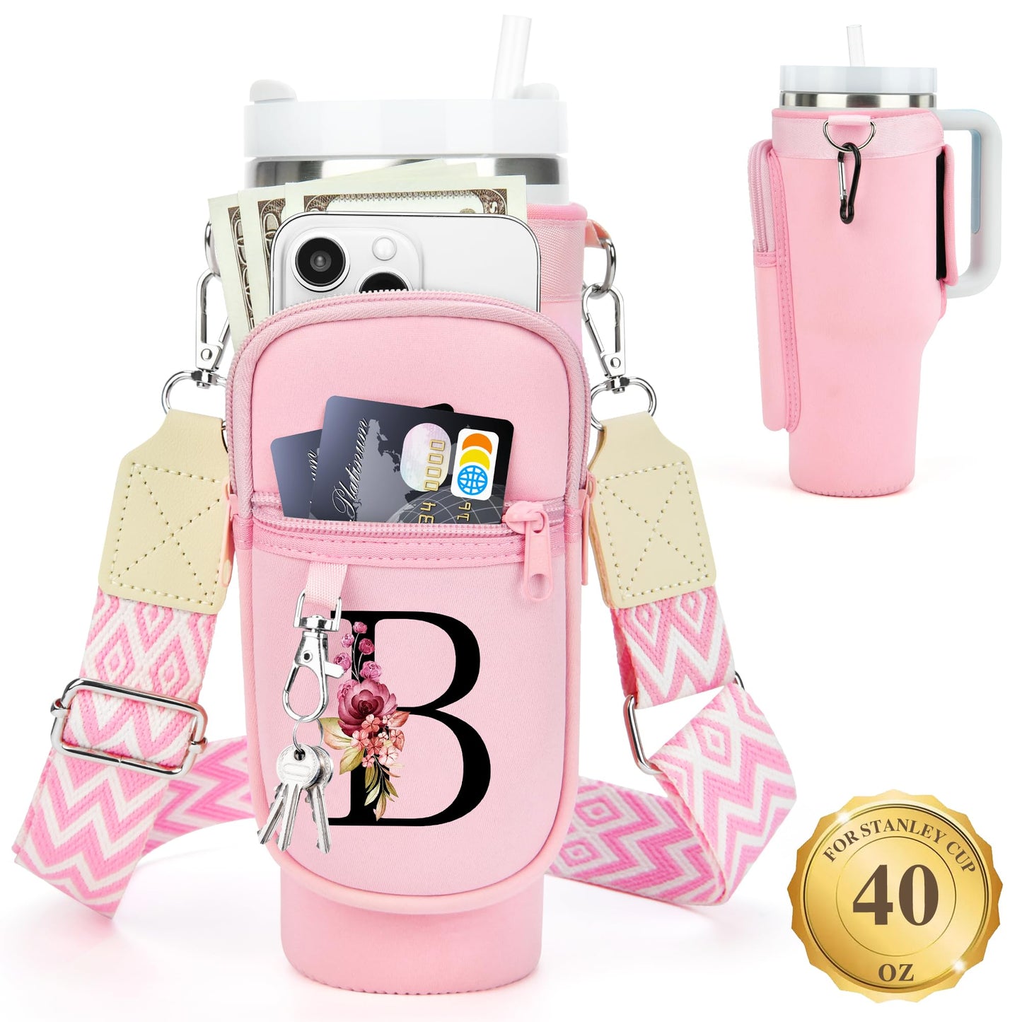 Water Bottle Holder with Strap for Stanley 40 oz Tumbler, for Simple Modern 40 oz Tumbler, Graduation Gift with Phone Pocket, Carabiner, Personalized Gift Initials for Stanley Cup Accessories