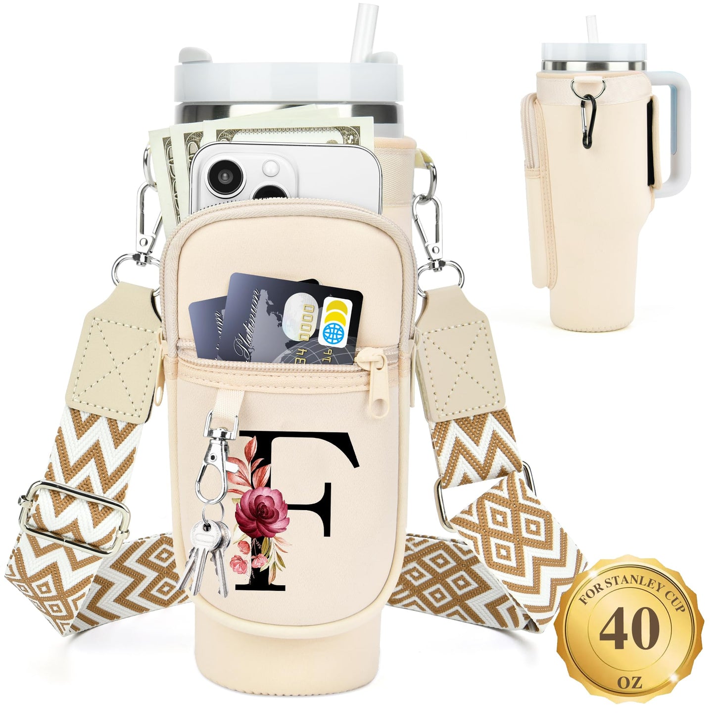 Water Bottle Holder with Strap for Stanley 40 oz Tumbler, for Simple Modern 40 oz Tumbler, Graduation Gift with Phone Pocket, Carabiner, Personalized Gift Initials for Stanley Cup Accessories