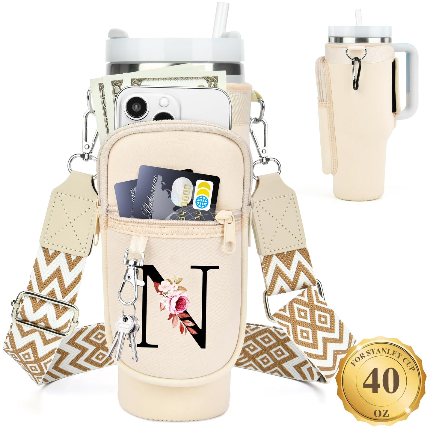 Water Bottle Holder with Strap for Stanley 40 oz Tumbler, for Simple Modern 40 oz Tumbler, Graduation Gift with Phone Pocket, Carabiner, Personalized Gift Initials for Stanley Cup Accessories