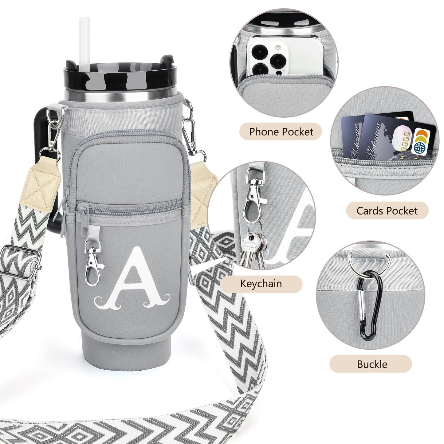 Water Bottle Holder with Strap for Stanley 40 oz Tumbler, for Simple Modern 40 oz Tumbler, Graduation Gift with Phone Pocket, Carabiner, Personalized Gift Initials for Stanley Cup Accessories