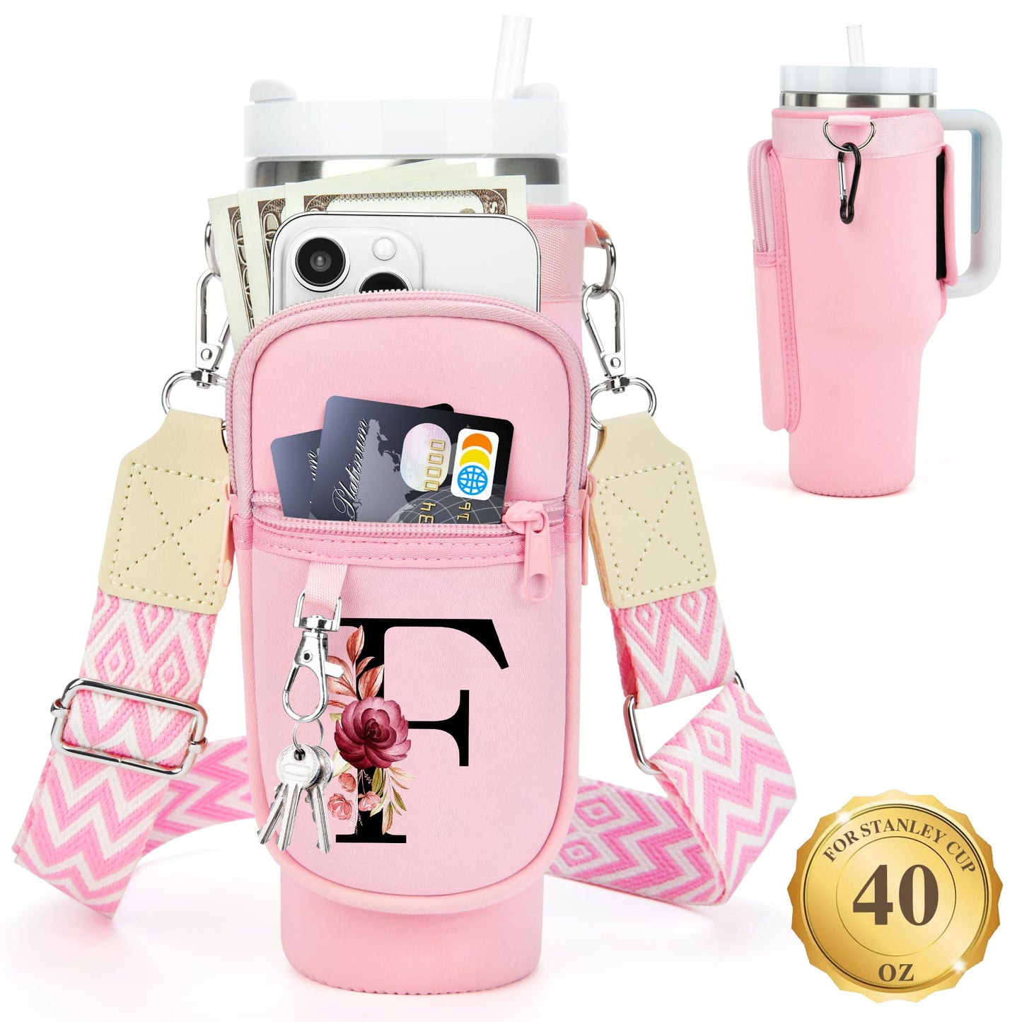 Water Bottle Holder with Strap for Stanley 40 oz Tumbler, for Simple Modern 40 oz Tumbler, Graduation Gift with Phone Pocket, Carabiner, Personalized Gift Initials for Stanley Cup Accessories