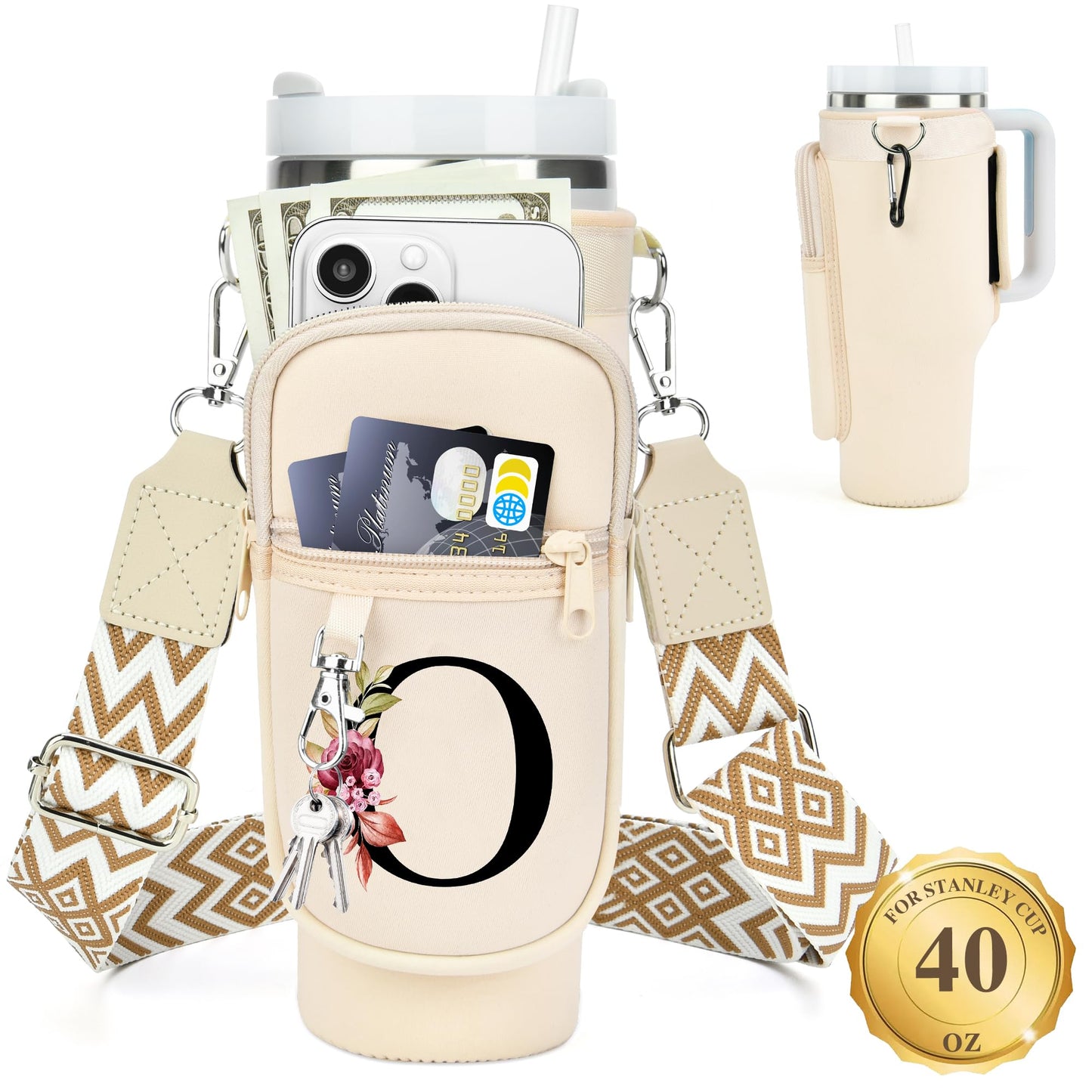 Water Bottle Holder with Strap for Stanley 40 oz Tumbler, for Simple Modern 40 oz Tumbler, Graduation Gift with Phone Pocket, Carabiner, Personalized Gift Initials for Stanley Cup Accessories