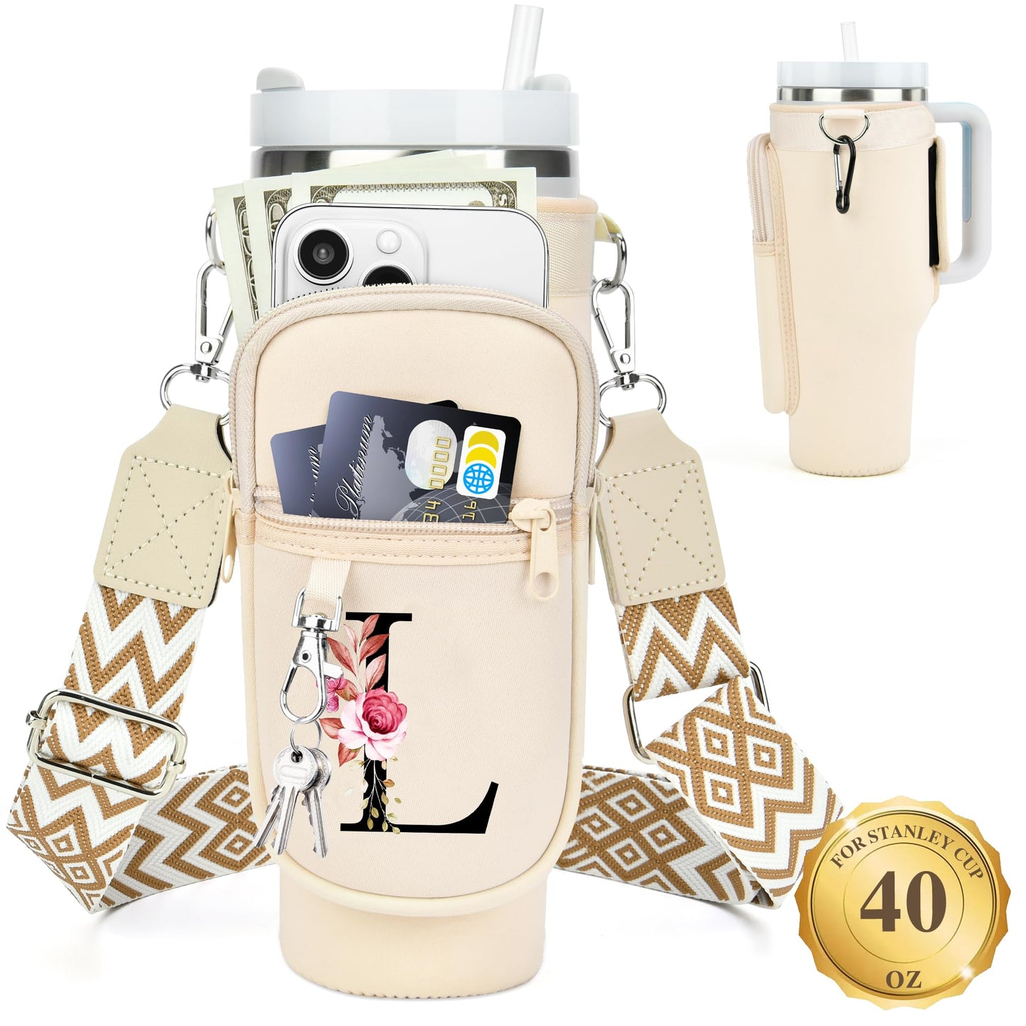 Water Bottle Holder with Strap for Stanley 40 oz Tumbler, for Simple Modern 40 oz Tumbler, Graduation Gift with Phone Pocket, Carabiner, Personalized Gift Initials for Stanley Cup Accessories