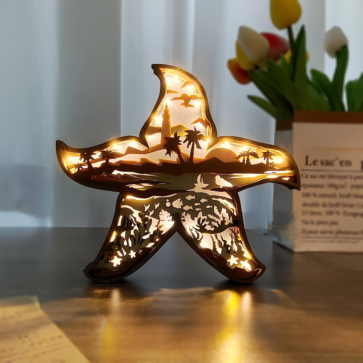 3D Wooden Animals Carving LED Night Light, Wood Carved Lamp Modern Festival Decoration Home Decor Desktop Desk Table Living Room Bedroom Office Farmhouse Shelf Statues Perfect Gifts (Starfish)