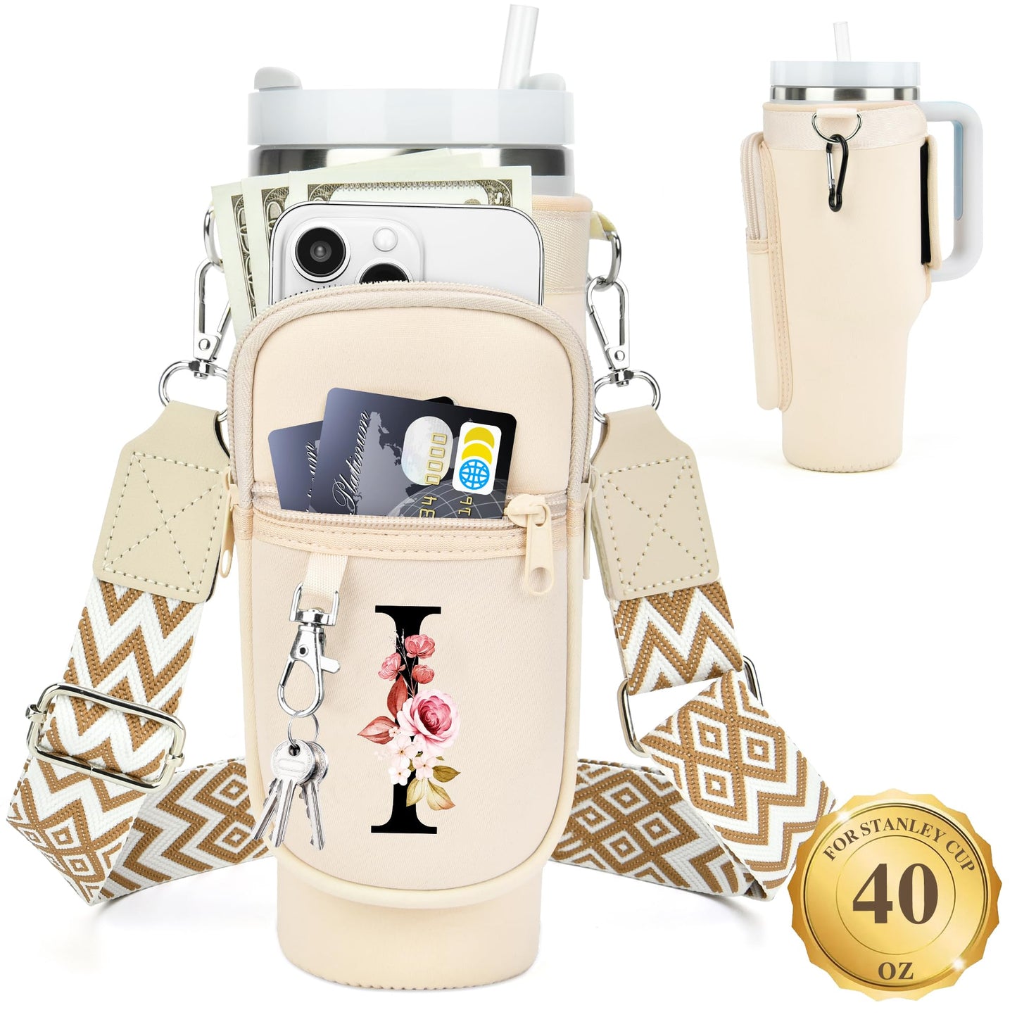 Water Bottle Holder with Strap for Stanley 40 oz Tumbler, for Simple Modern 40 oz Tumbler, Graduation Gift with Phone Pocket, Carabiner, Personalized Gift Initials for Stanley Cup Accessories