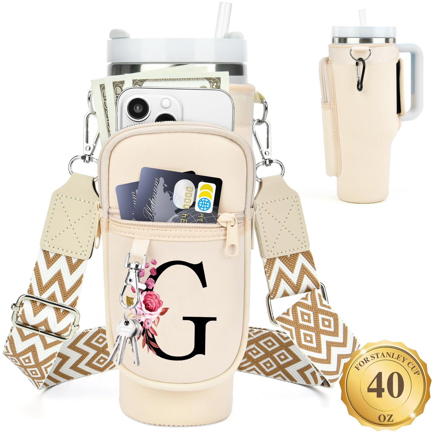 Water Bottle Holder with Strap for Stanley 40 oz Tumbler, for Simple Modern 40 oz Tumbler, Graduation Gift with Phone Pocket, Carabiner, Personalized Gift Initials for Stanley Cup Accessories