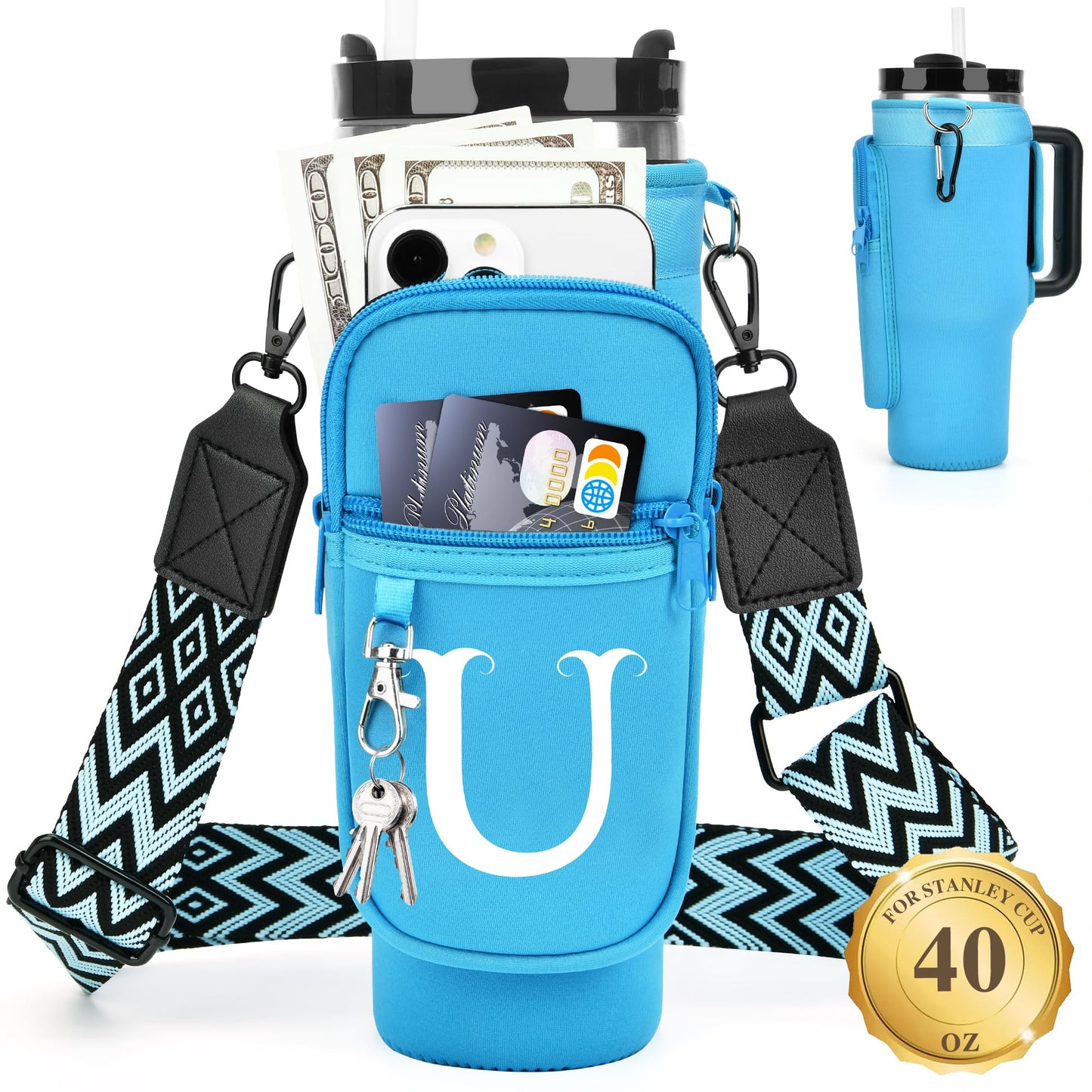 Water Bottle Holder with Strap for Stanley 40 oz Tumbler, for Simple Modern 40 oz Tumbler, Graduation Gift with Phone Pocket, Carabiner, Personalized Gift Initials for Stanley Cup Accessories