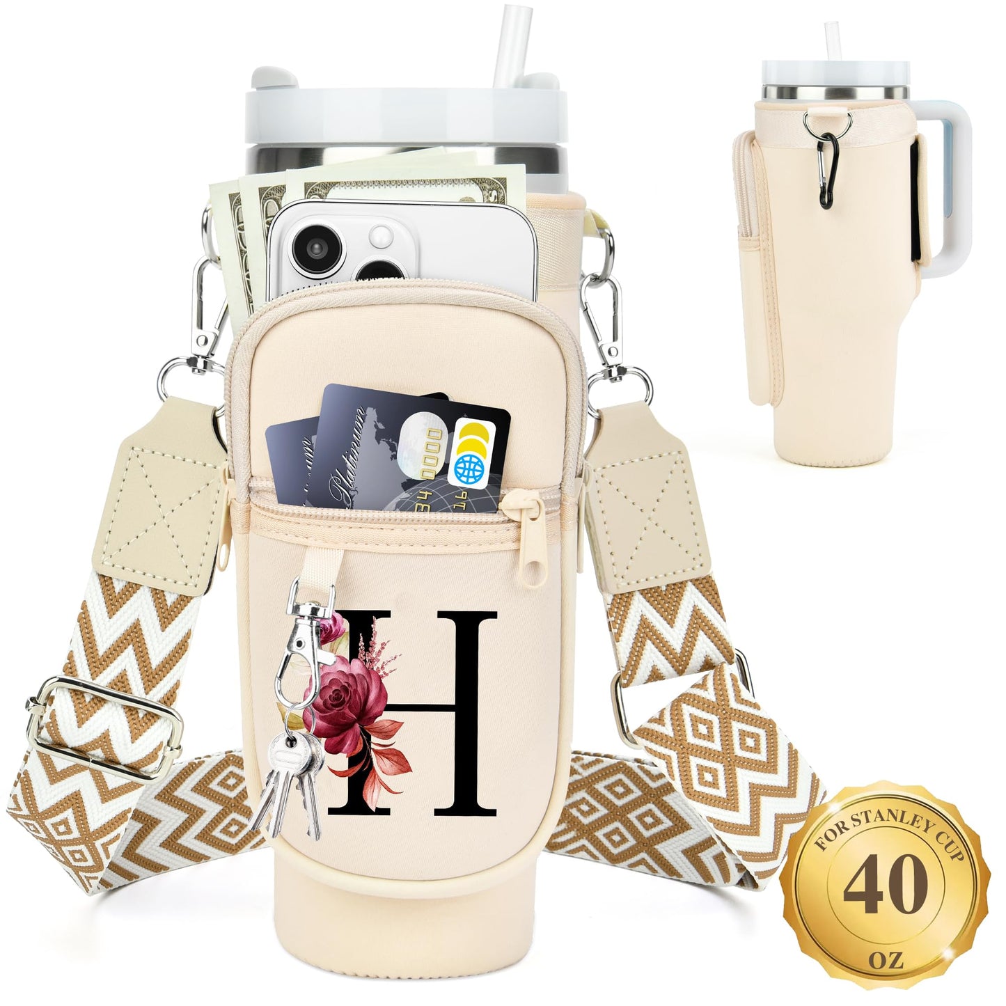 Water Bottle Holder with Strap for Stanley 40 oz Tumbler, for Simple Modern 40 oz Tumbler, Graduation Gift with Phone Pocket, Carabiner, Personalized Gift Initials for Stanley Cup Accessories