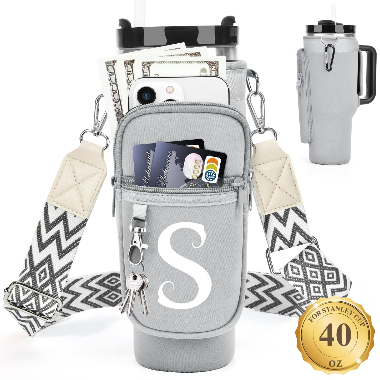 Water Bottle Holder with Strap for Stanley 40 oz Tumbler, for Simple Modern 40 oz Tumbler, Graduation Gift with Phone Pocket, Carabiner, Personalized Gift Initials for Stanley Cup Accessories