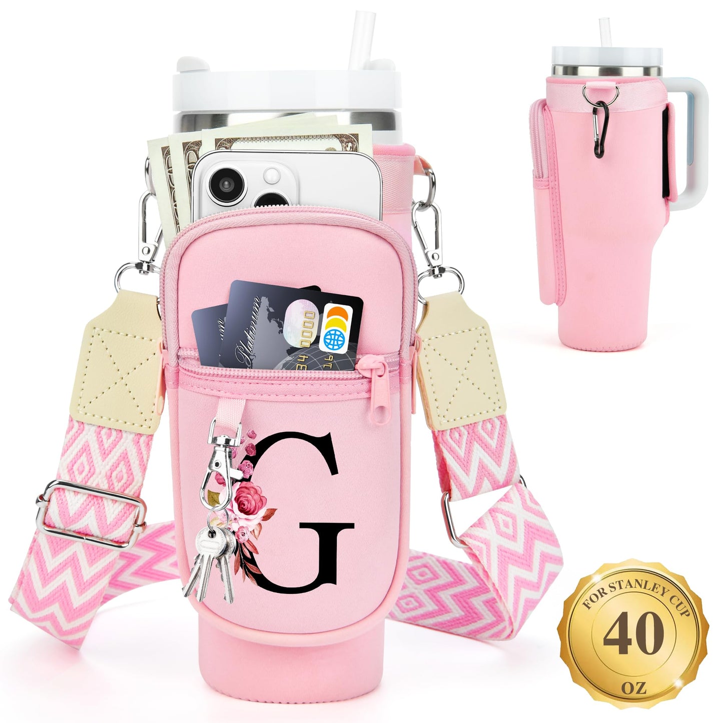 Water Bottle Holder with Strap for Stanley 40 oz Tumbler, for Simple Modern 40 oz Tumbler, Graduation Gift with Phone Pocket, Carabiner, Personalized Gift Initials for Stanley Cup Accessories