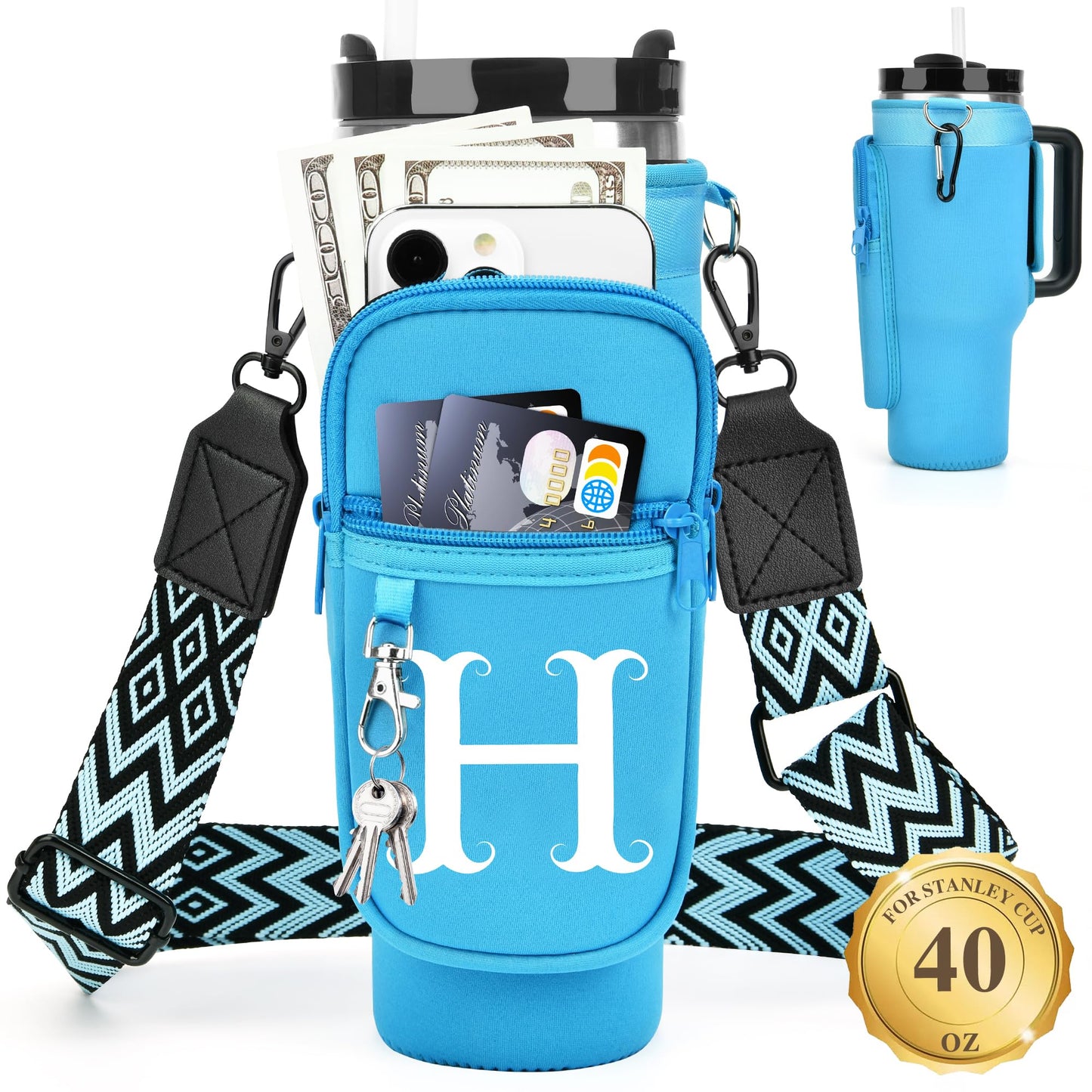 Water Bottle Holder with Strap for Stanley 40 oz Tumbler, for Simple Modern 40 oz Tumbler, Graduation Gift with Phone Pocket, Carabiner, Personalized Gift Initials for Stanley Cup Accessories