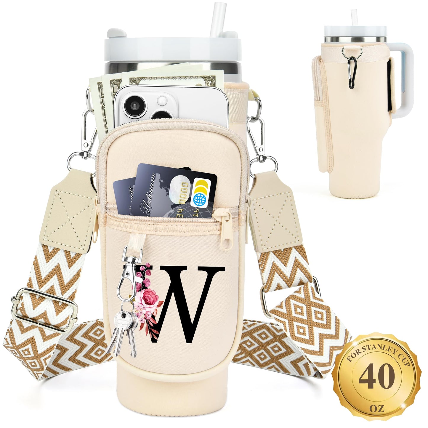 Water Bottle Holder with Strap for Stanley 40 oz Tumbler, for Simple Modern 40 oz Tumbler, Graduation Gift with Phone Pocket, Carabiner, Personalized Gift Initials for Stanley Cup Accessories