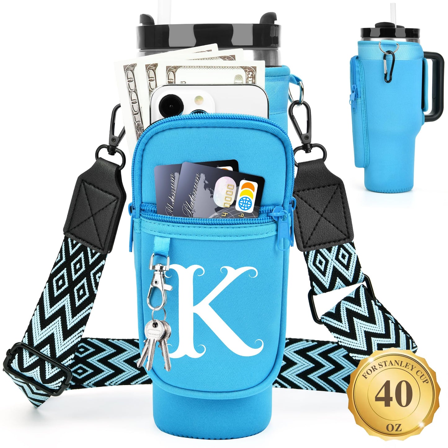 Water Bottle Holder with Strap for Stanley 40 oz Tumbler, for Simple Modern 40 oz Tumbler, Graduation Gift with Phone Pocket, Carabiner, Personalized Gift Initials for Stanley Cup Accessories