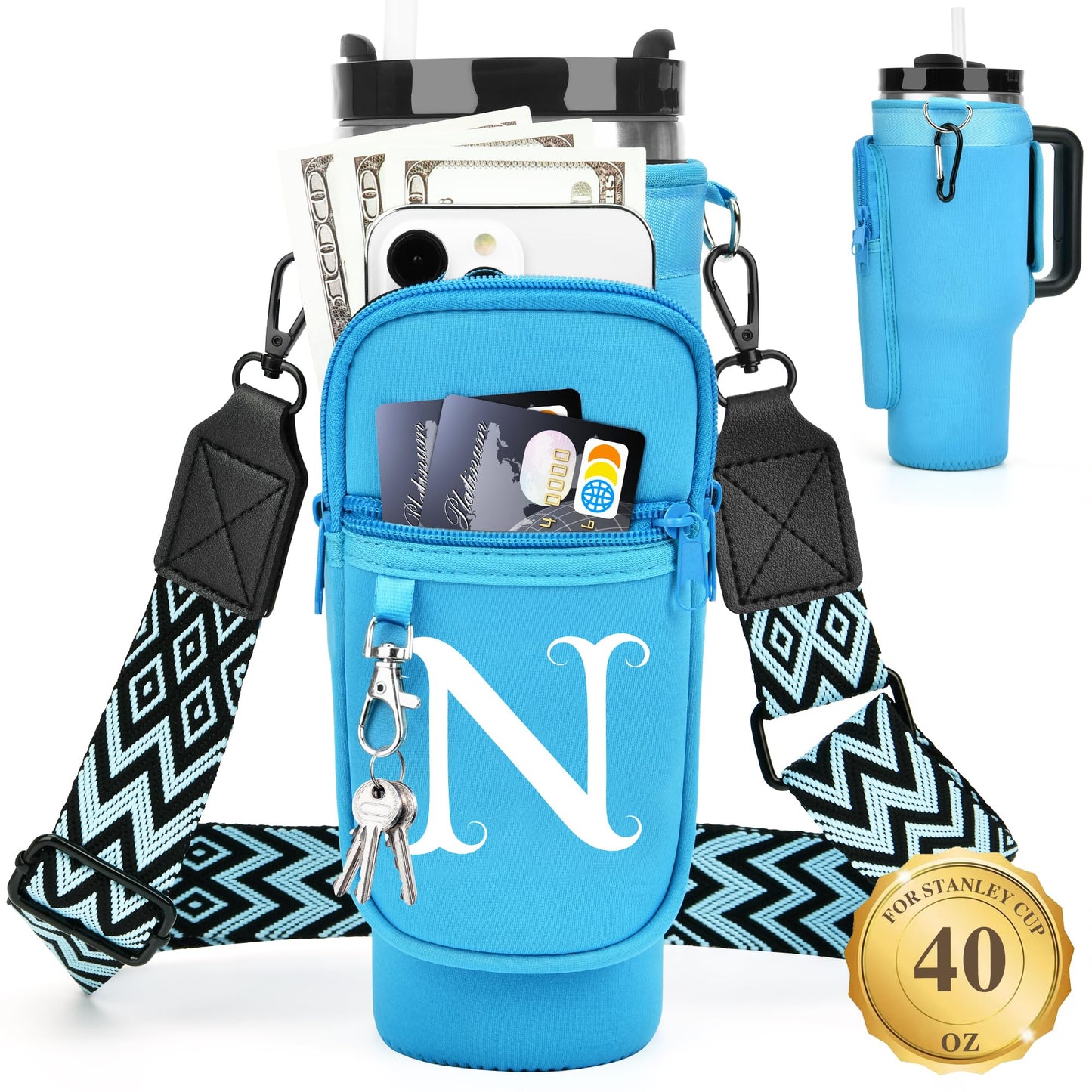 Water Bottle Holder with Strap for Stanley 40 oz Tumbler, for Simple Modern 40 oz Tumbler, Graduation Gift with Phone Pocket, Carabiner, Personalized Gift Initials for Stanley Cup Accessories