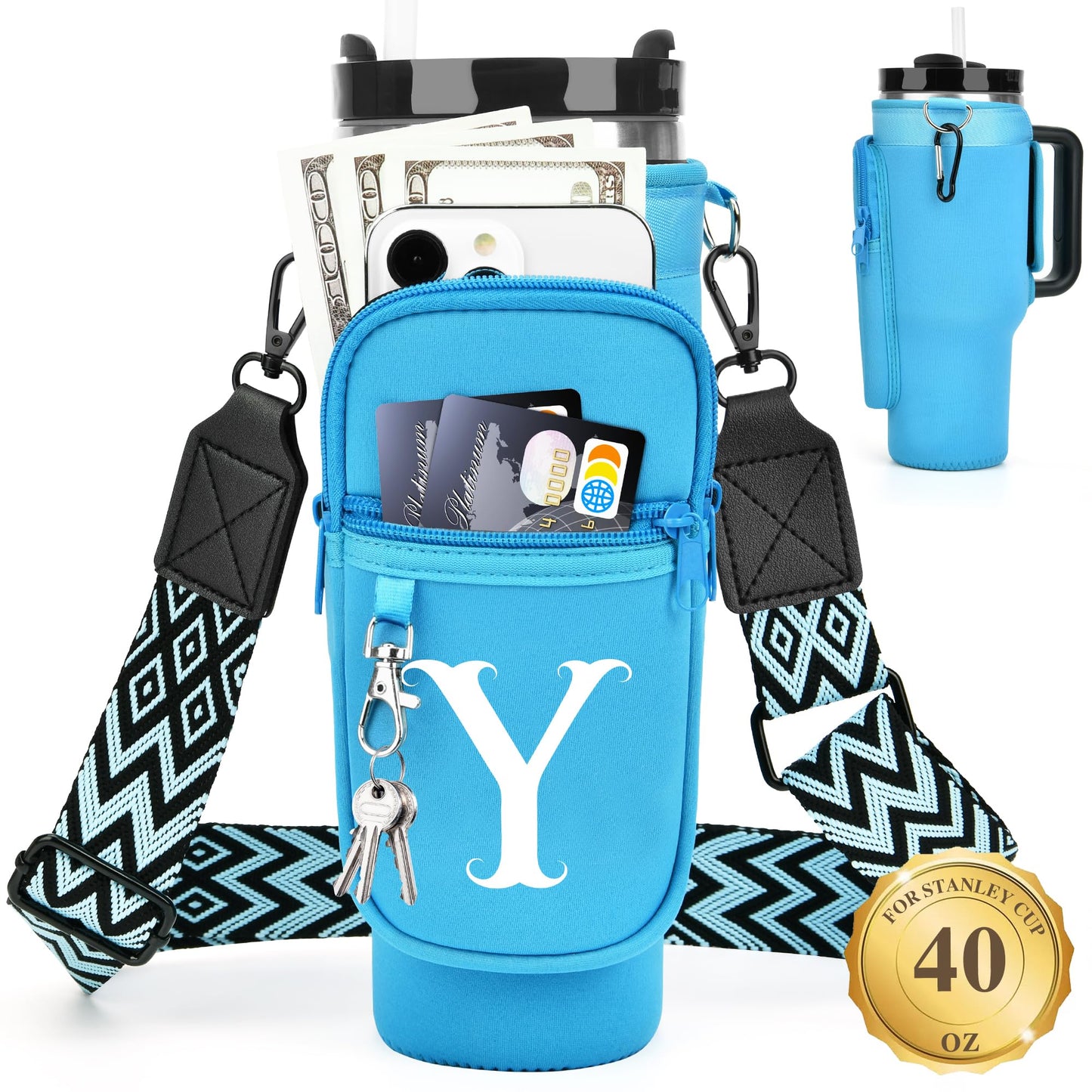 Water Bottle Holder with Strap for Stanley 40 oz Tumbler, for Simple Modern 40 oz Tumbler, Graduation Gift with Phone Pocket, Carabiner, Personalized Gift Initials for Stanley Cup Accessories