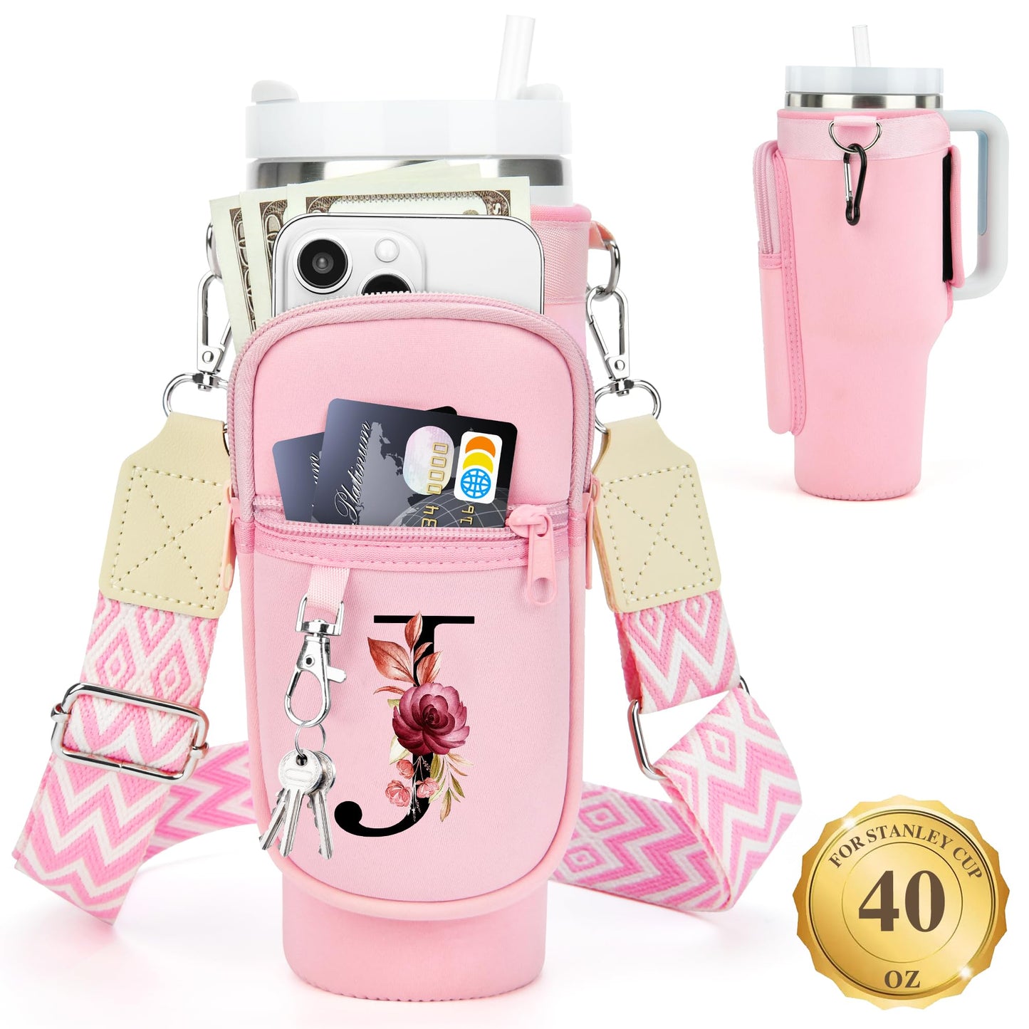 Water Bottle Holder with Strap for Stanley 40 oz Tumbler, for Simple Modern 40 oz Tumbler, Graduation Gift with Phone Pocket, Carabiner, Personalized Gift Initials for Stanley Cup Accessories