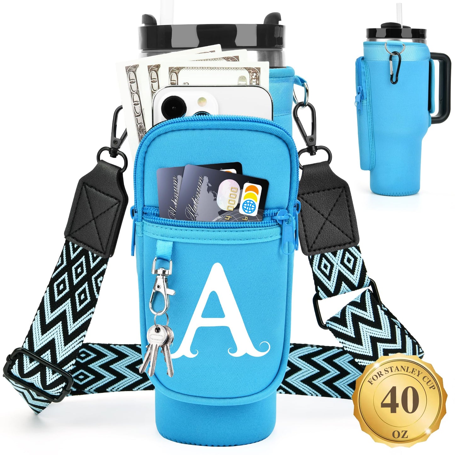 Water Bottle Holder with Strap for Stanley 40 oz Tumbler, for Simple Modern 40 oz Tumbler, Graduation Gift with Phone Pocket, Carabiner, Personalized Gift Initials for Stanley Cup Accessories