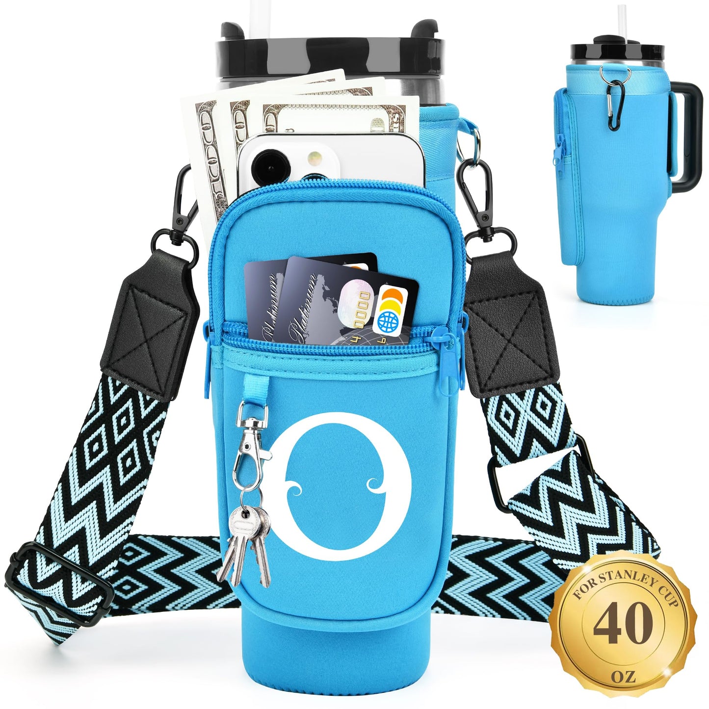 Water Bottle Holder with Strap for Stanley 40 oz Tumbler, for Simple Modern 40 oz Tumbler, Graduation Gift with Phone Pocket, Carabiner, Personalized Gift Initials for Stanley Cup Accessories