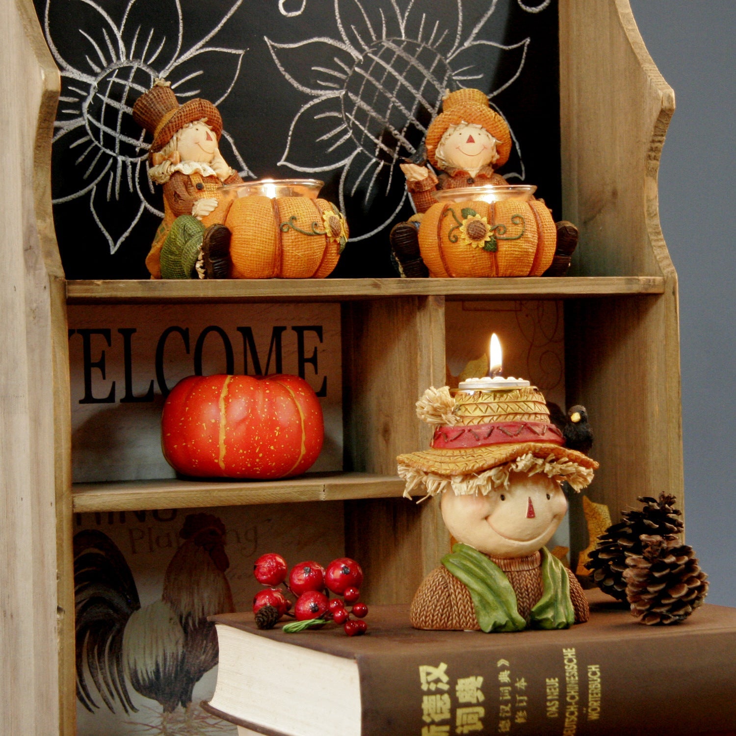 Autumn Harvest Festival Thanksgiving Party Holiday Scene Layout Resin Pumpkin Scarecrow Candlestick Ornaments - DigiVirt