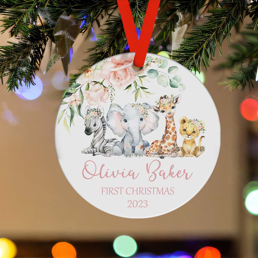 Baby's First Christmas Custom Name Ornament with Cute Wild Animals 2024 Christmas Gift - DigiVirt
