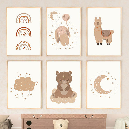 Boho Cartoon Bear Rabbit Alpaca Moon Rainbow Wall Art Canvas - DigiVirt
