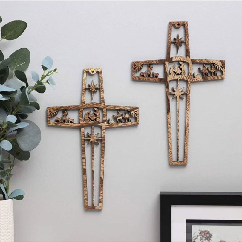 Christmas Wall Decoration Creative Cross Pendant Wooden Crafts Home Party Decoration Hanging Ornaments - DigiVirt