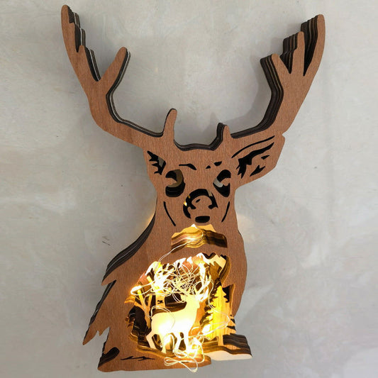 Christmas Wooden Hollow Craft Decoration Creative Home Decoration Tourism Souvenir Wood Carving Deer Head Lighting - DigiVirt