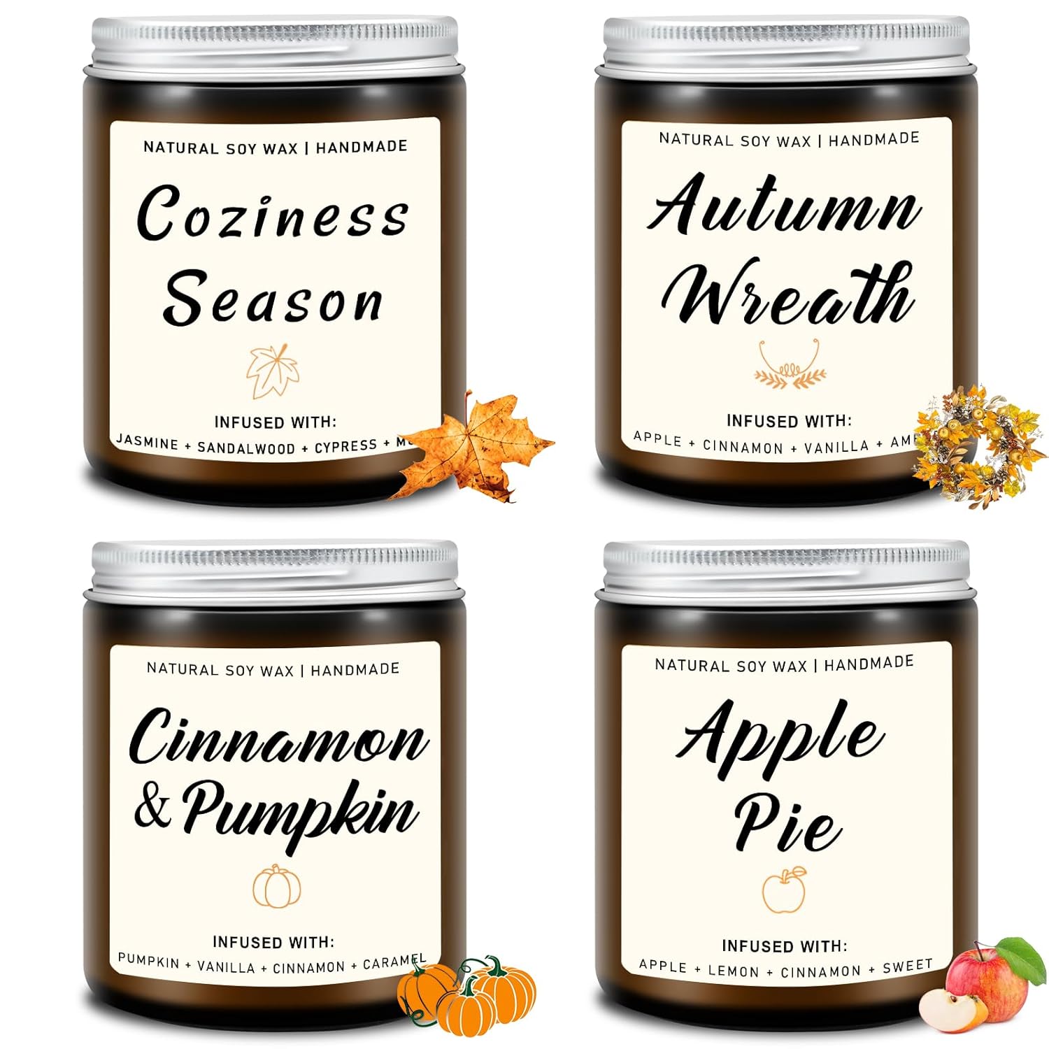 Homsolver Set of 4 Fall Scented Candles, Home Fall Decor, Fall Candles Gifts for Women Men - Apple Pie/Autumn Wreath/Cozy Season/Cinnamon Pumpkin Scented Candles for Autumn Fall - DigiVirt