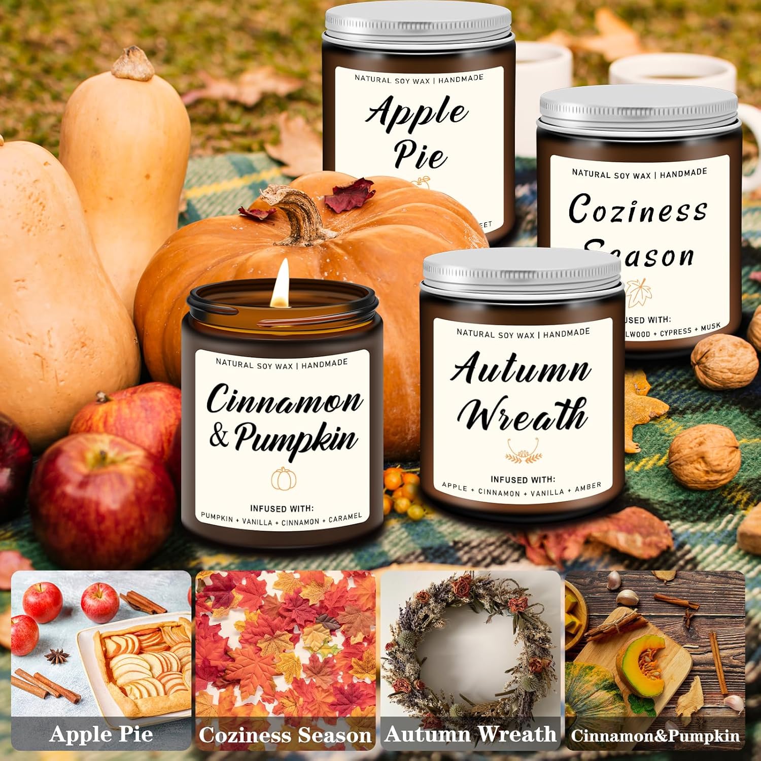 Homsolver Set of 4 Fall Scented Candles, Home Fall Decor, Fall Candles Gifts for Women Men - Apple Pie/Autumn Wreath/Cozy Season/Cinnamon Pumpkin Scented Candles for Autumn Fall - DigiVirt