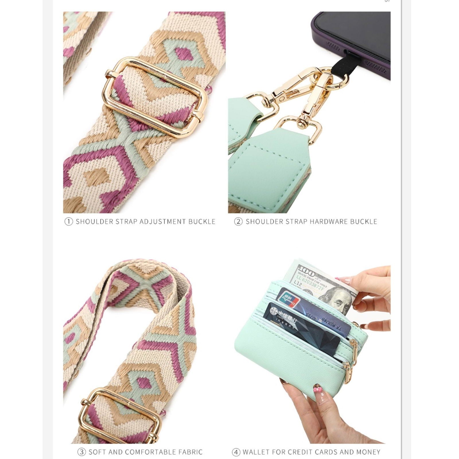 Clip and Go Strap for Phone with Wallet Crossbody, Iphone Case with Crossbody Strap Cross Body Phone String with Zipper Wallet Pouch, Adjustable Phone Strap Crossbody (4PCS) - DigiVirt