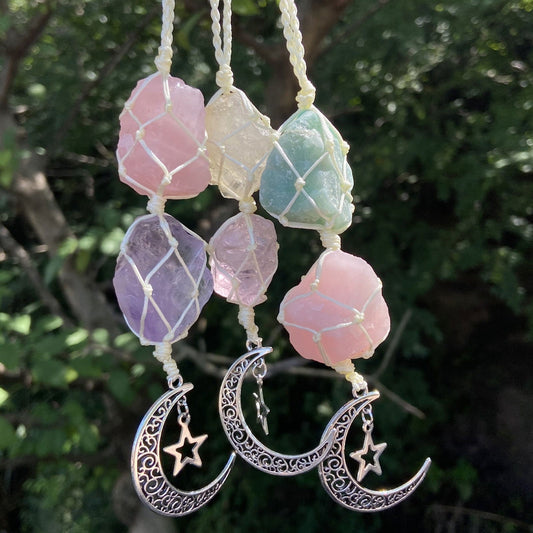 Colorful Handmade Double Natural Raw Stone Hanging Car Ornament Decor Home Indoor Decoration Ornaments With Moon Star Pendant - DigiVirt