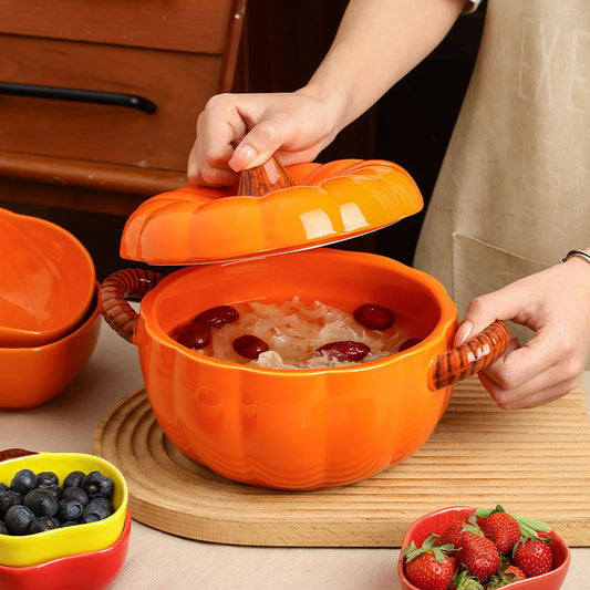 Creative Cute Pumpkin Bowl Personalized Large Capacity Soup Pot With Lid Household Soup Bowl Eamab Bowl High Beauty Value Ceramic Tableware - DigiVirt