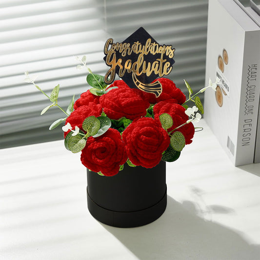 Crochet Flowers Bouquet Handmade Knitted Roses Hug Bucket Birthday Graduation Gift Box - DigiVirt