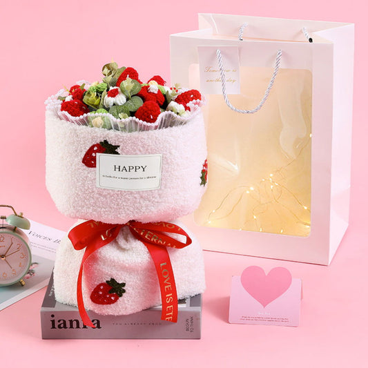 Crochet Flowers Bouquet Handmade Knitted Strawberry Bouquet with Light Strip Gift for Lovers Wedding Gift - DigiVirt