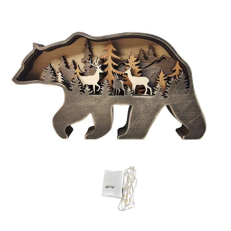 Custom Animal Wooden Statue Home Ornament Multi layer Woodland Bear Silhouette Decor for Shelf Table Wood Statue - DigiVirt