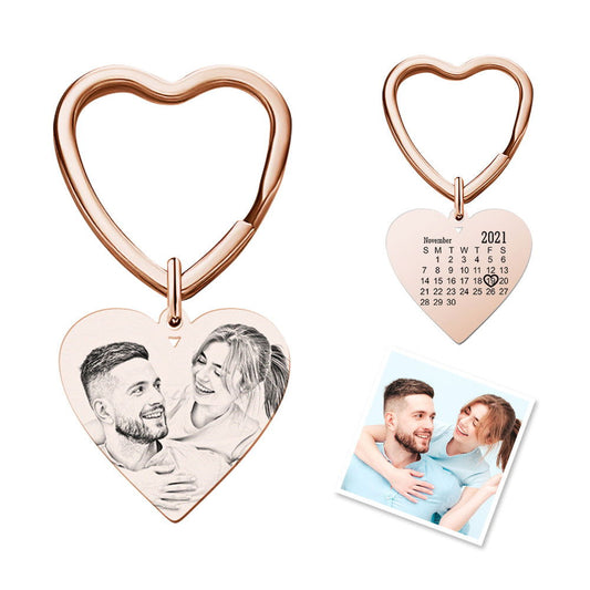 Custom Calendar Photo Keychain Heart Engraved Keyring Anniversary Memorial Gift Wedding Gift - DigiVirt
